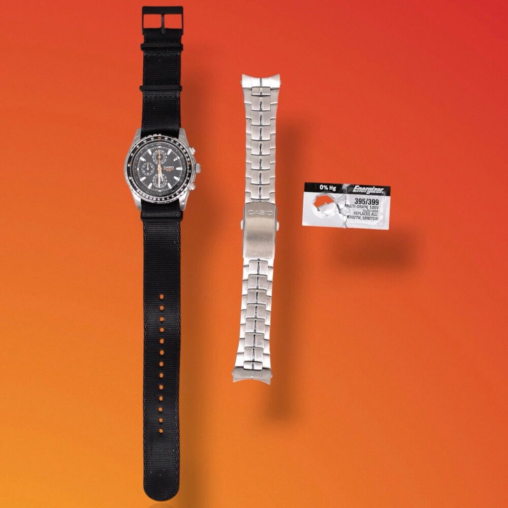 Casio MTP-4500 Chronograph Quartz NATO Strap Band Battery Gasket Orange Black